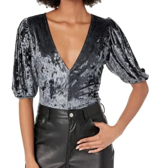 Free People Grey Velvet Don’t You Wish Bodysuit Top Size Medium New - Picture 1 of 3